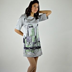 Grey Silk Mini Dress Silk Screen City Landscape